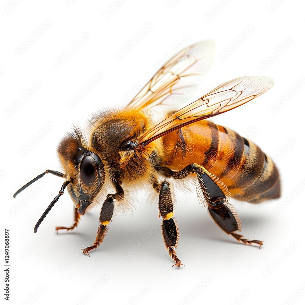 A honey bee walking alone on a crisp white background showcasing its intricate details A honey bee walking alone on a crisp white background showcasing its intricate details
