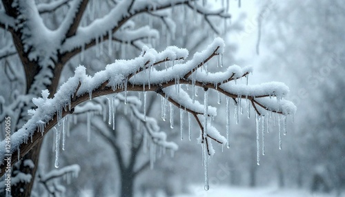Wallpaper Mural Snow-covered Branch with Icicles against Blurred Trees Torontodigital.ca
