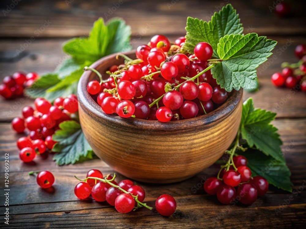 Juicy Red Currants in Rustic Wooden Bowl – Close-up Stock Photo Juicy Red Currants in Rustic Wooden Bowl – Close-up Stock Photo