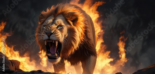 Flames erupt from the lion's mouth as it lets out a deafening roar, fierce, powerful