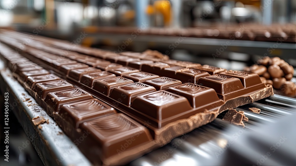 A busy factory conveyor belt filled with freshly made chocolate bars, showcasing the manufacturing process. A busy factory conveyor belt filled with freshly made chocolate bars, showcasing the manufacturing process.