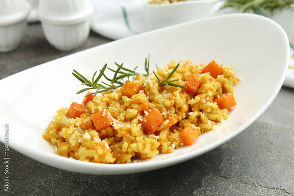 Delicious pumpkin risotto on grey table, closeup Delicious pumpkin risotto on grey table, closeup