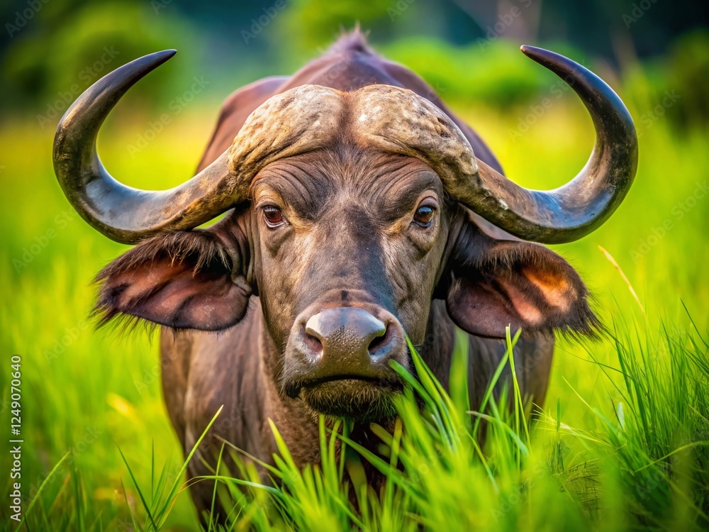 Fototapeta premium Kruger National Park African Buffalo Close-up Grazing Horizontal Stock Photo