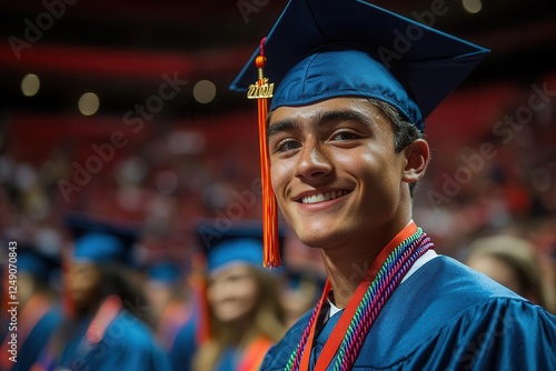 vibrant graduate celebration moment emotional student in cap and gown walking across stage to receive diploma with proud family cheering from packed auditorium