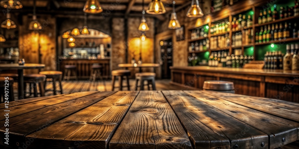 Rustic wooden table and bar interior with warm lighting and inviting atmosphere in a cozy pub, product display Rustic wooden table and bar interior with warm lighting and inviting atmosphere in a cozy pub, product display