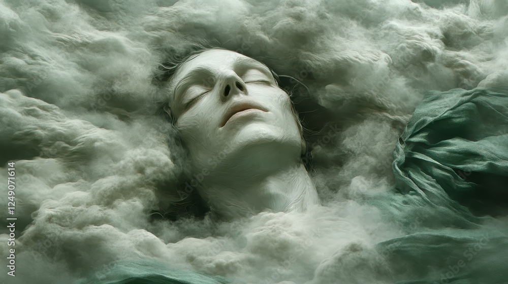 Pale figure submerged in textured, light gray and white substance, serene expression, artistic, abstract, ethereal, soft lighting, close up Pale figure submerged in textured, light gray and white substance, serene expression, artistic, abstract, ethereal, soft lighting, close up
