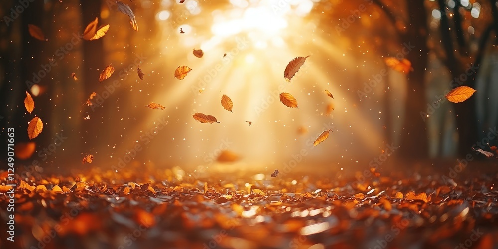 Naklejka premium Serene Autumn Background with Sunlight Filtering Through Falling Leaves Creating a Warm and Inviting Atmosphere in a Natural Setting