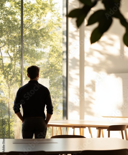 man looking out office window