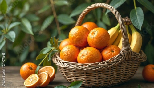 Wicker basket with oranges and bananas on wood