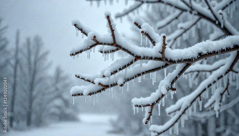 Snowy Branch with Icicles Against Blurry Trees Snowy Branch with Icicles Against Blurry Trees