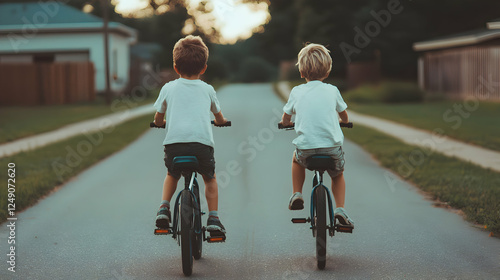 Two boys riding bicycles neighborhood street candid lifestyle photo evening light rear view childhood adventures