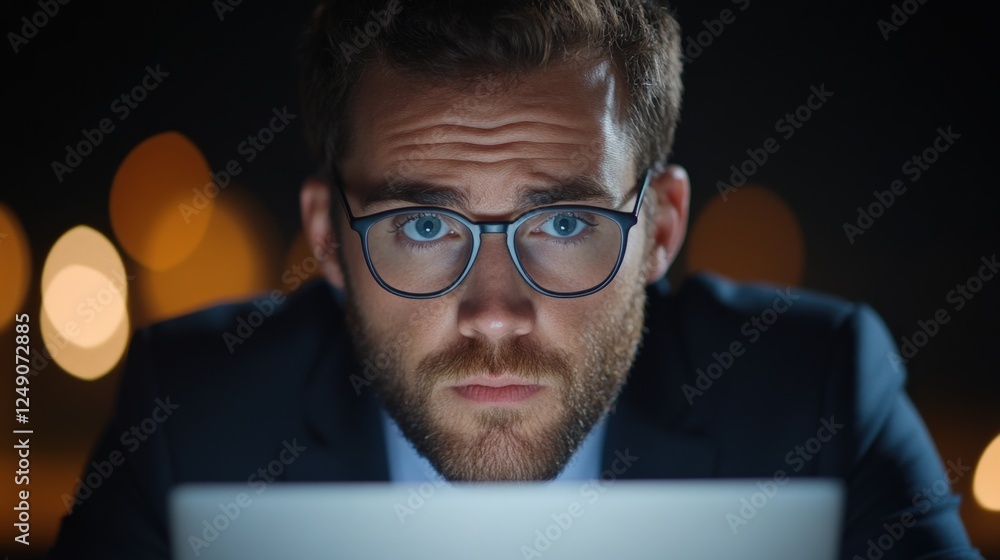 man wearing glasses looking intently at a screen man wearing glasses looking intently at a screen
