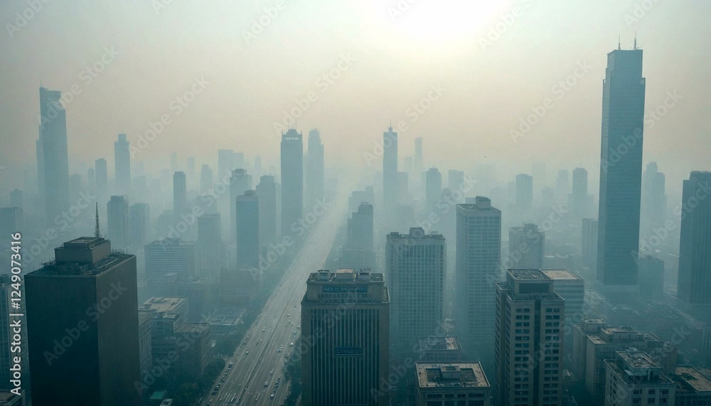 Obraz premium City skyline shrouded in smog with tall buildings