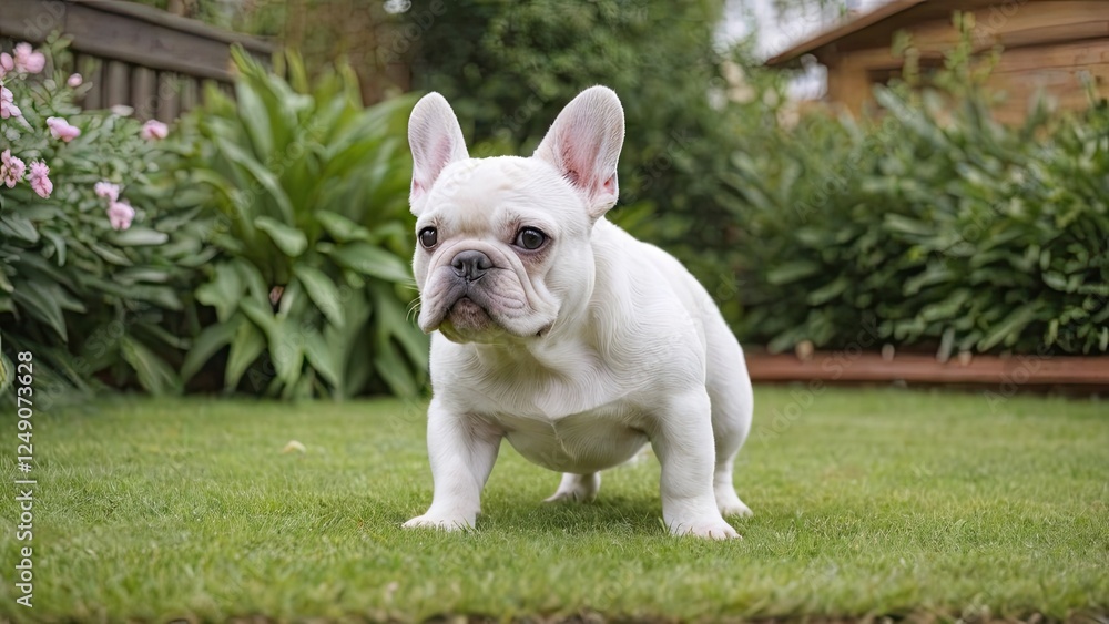 White french bulldog in the garden White french bulldog in the garden