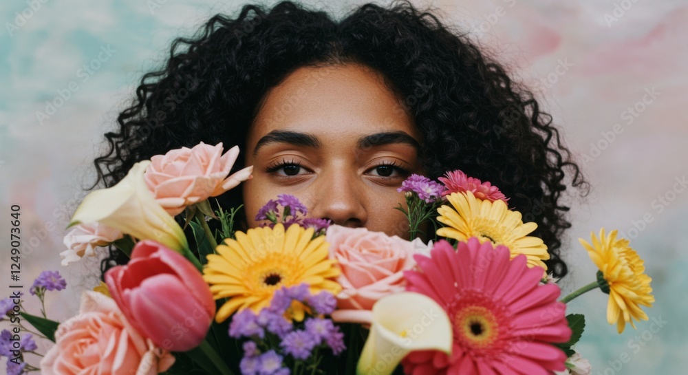 Woman's face covered obstructed and surrounded by Beautiful Floral Flowers, expressive plant decoration concept Woman's face covered obstructed and surrounded by Beautiful Floral Flowers, expressive plant decoration concept