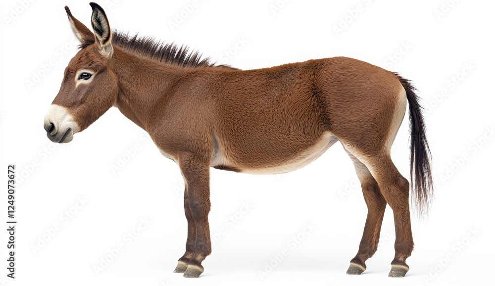 Profile view of a brown donkey against a plain white background, showcasing its textured coat and details of its body Profile view of a brown donkey against a plain white background, showcasing its textured coat and details of its body