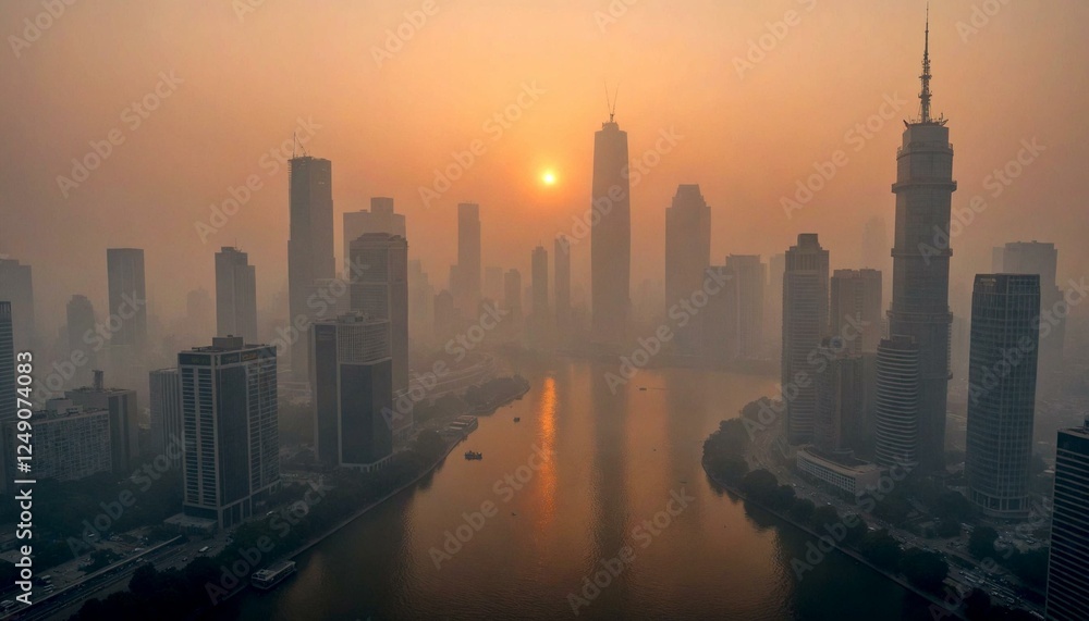 Fototapeta premium City skyline with river at sunset