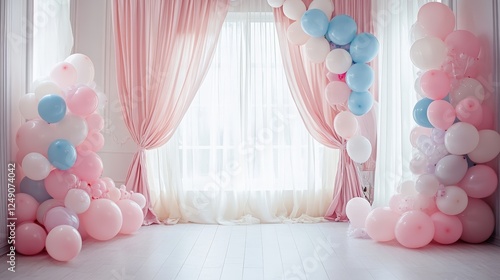 Elegant Pastel Backdrop with Soft Pink and White Balloons for Celebrations and Special Events in a Bright Indoor Space