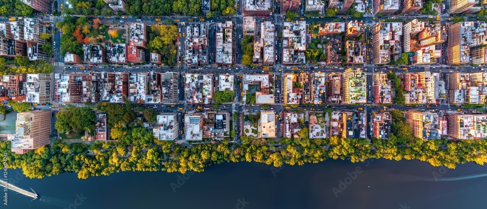 Aerial view of city block with buildings, streets, and trees near water. Aerial view of city block with buildings, streets, and trees near water.