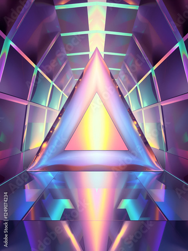 holographic trihedral tunnel, holographic geometric background, abstract background of square elements with metallic spectral radiance, long tunnel photo