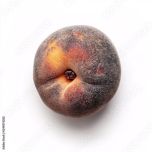 Whole Peach with Fuzzy Skin Displaying Natural Aging Signs in Deep Brown photo