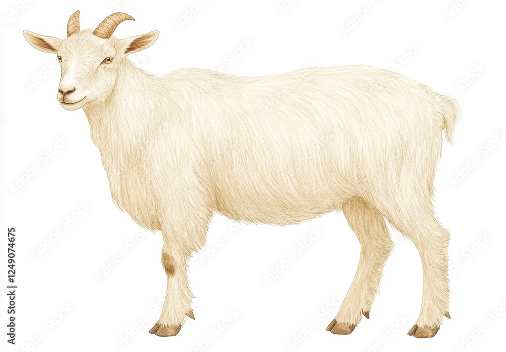 Single cream colored goat, standing profile view, against plain white background, detailed fur texture, soft lighting, illustration style, detailed Single cream colored goat, standing profile view, against plain white background, detailed fur texture, soft lighting, illustration style, detailed