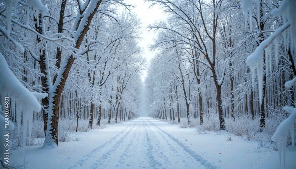 Snowy Path with Ice-Covered Trees and Clear Sky Snowy Path with Ice-Covered Trees and Clear Sky