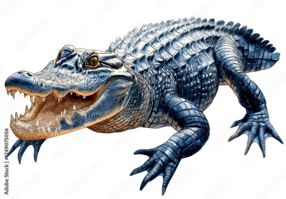 Fototapeta premium Full view of a large reptile with an open mouth, depicted in a light blue color, against a plain white background, with a clear and detailed view of