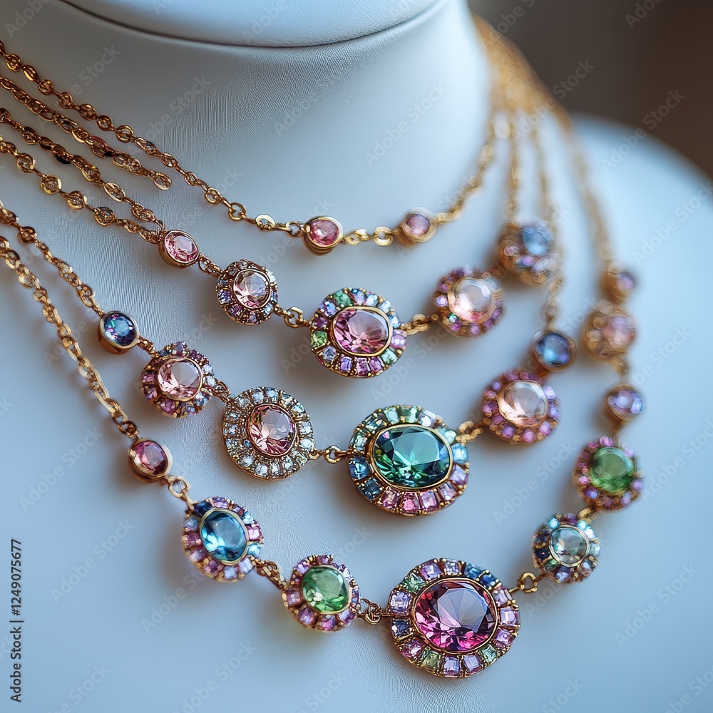 Elegant Multi-Layered Necklace with Colorful Gemstones and Chains Elegant Multi-Layered Necklace with Colorful Gemstones and Chains