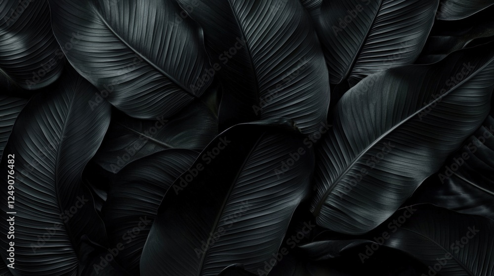 Obraz premium Dark Tropical Background with Black Banana Leaves Showcasing Unique Textures and Rich Details for Natural and Exotic Themes in Photography