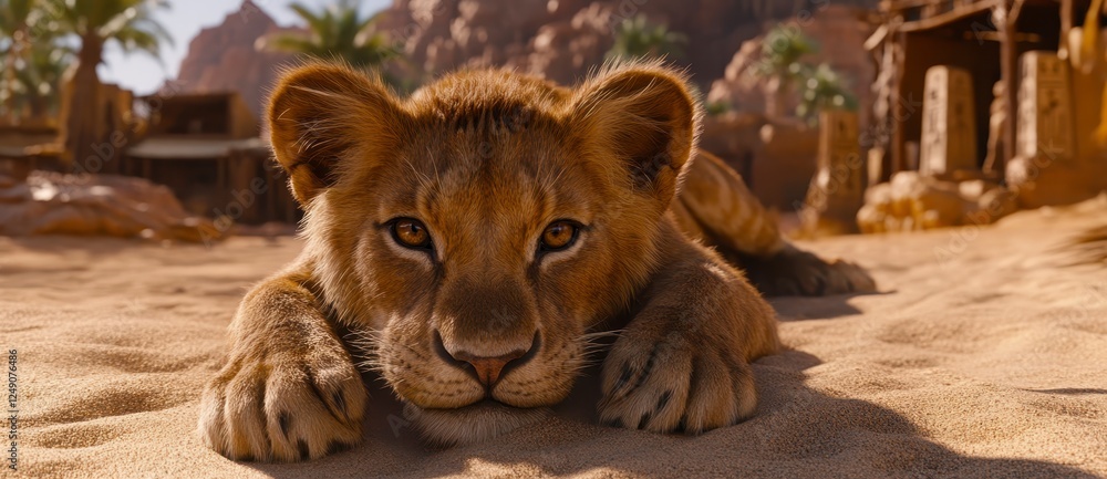 Naklejka premium Closeup of a young lion cub resting on sand in a desert setting. The cub is light brown with visible texture and detail, resting with its eyes open
