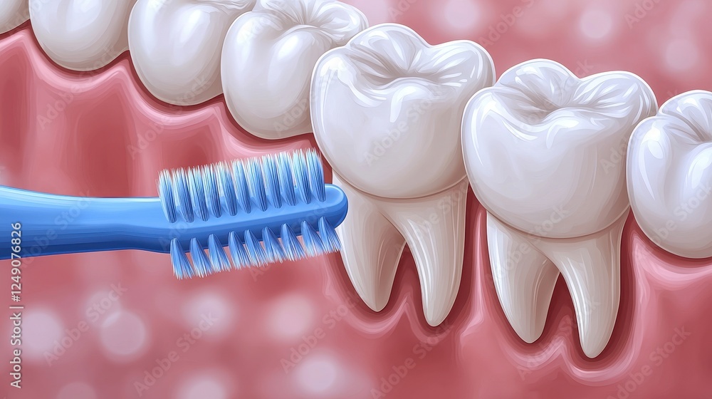 Obraz premium Close-Up of Tooth Brushing on Healthy Teeth with Pink Gum Background