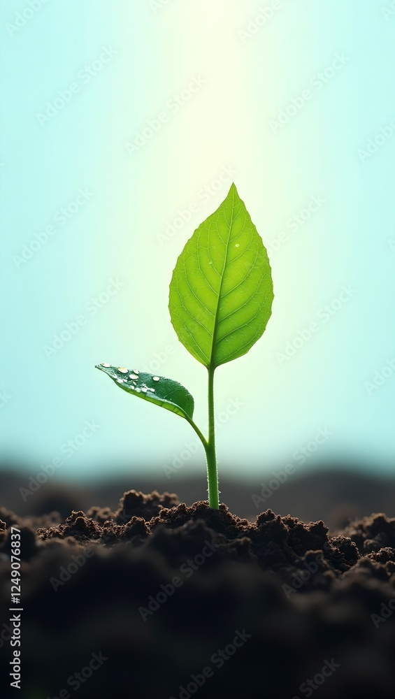 Fototapeta premium Celebrate Earth Day with this ultra HD image of a young sapling in rich soil, symbolizing renewal. Sunlit leaves with dewdrops against a minimalist blue-to-white gradient background.