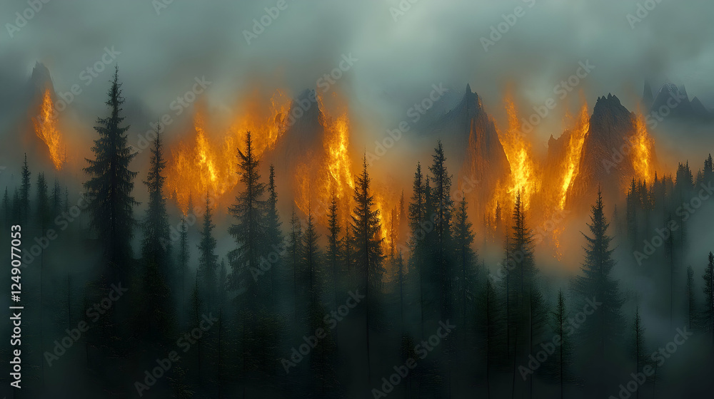 Fototapeta premium Forest Fire Burning Mountain Landscape