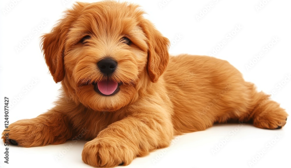 A small, light brown puppy is lying down, tongue slightly out, in front of a plain white background. The puppy has a playful expression A small, light brown puppy is lying down, tongue slightly out, in front of a plain white background. The puppy has a playful expression