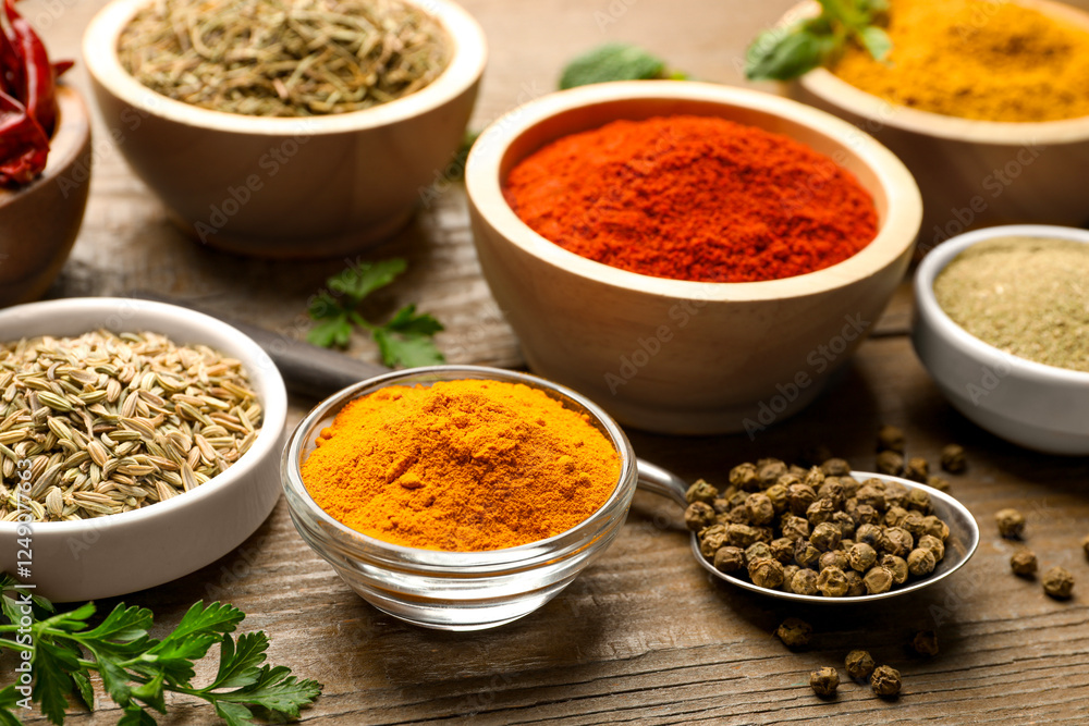 Different aromatic spices on wooden table, closeup Different aromatic spices on wooden table, closeup