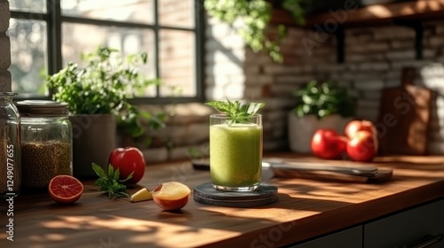 Refreshing Homemade Green Juice Kitchen Beverage Photography Cozy Environment Close-Up Healthy Living