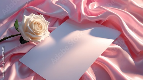 Romactic Flat Lay with Pink Rose, Silk Fabric, and Blank Card on Pastel Background photo