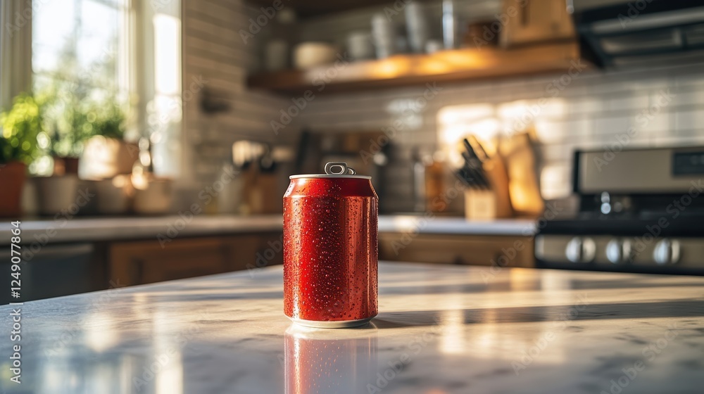 Homemade Refreshment Soda Can in Cozy Kitchen Realistic Photo Warm Atmosphere Close-Up Perspective Homemade Refreshment Soda Can in Cozy Kitchen Realistic Photo Warm Atmosphere Close-Up Perspective