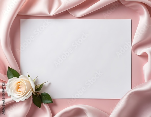 Romactic Flat Lay with Pink Rose, Silk Fabric, and Blank Card on Pastel Background photo