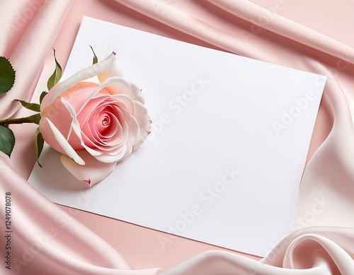 Romactic Flat Lay with Pink Rose, Silk Fabric, and Blank Card on Pastel Background photo