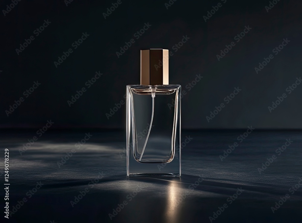 Tall, rectangular glass perfume bottle with a gold cap, set against a dark background. The lighting and shadow create a centered, Tall, rectangular glass perfume bottle with a gold cap, set against a dark background. The lighting and shadow create a centered,