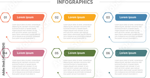 Colorful Business infographics design for Six Step, option, parts or process. Infographic 6 element design template for presentation. process diagram, step banner, flow chart, 6 option template.
