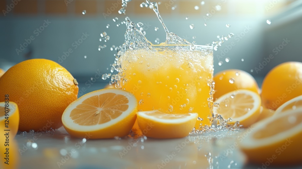 Refreshing Homemade Lemonade Splash Kitchen Counter Professional Photo Bright Environment Close-Up View Freshness Concept Refreshing Homemade Lemonade Splash Kitchen Counter Professional Photo Bright Environment Close-Up View Freshness Concept
