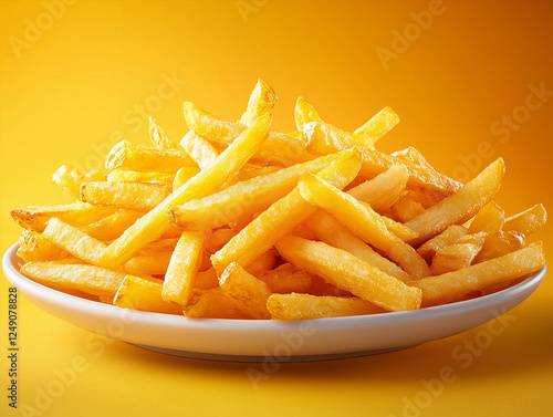 Food image: A high-quality food shot of fries on a plate with a trendy backdrop. Advertising illustration. photo