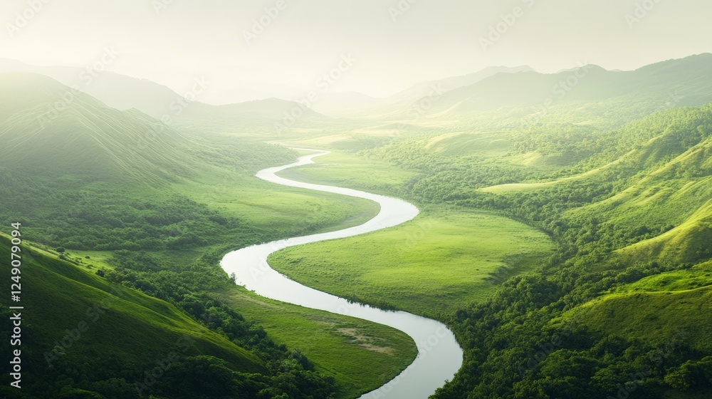 Fototapeta premium Breathtaking aerial view of a pristine river meandering through a vibrant green valley, surrounded by rolling hills and lush vegetation, creating a serene and picturesque natural scene