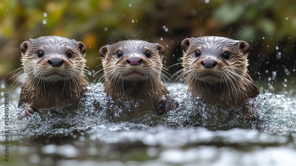 Three otters swim joyfully in a bright river, splashing water all around. Their curious faces gaze out with playful expressions, surrounded by lush greenery Three otters swim joyfully in a bright river, splashing water all around. Their curious faces gaze out with playful expressions, surrounded by lush greenery