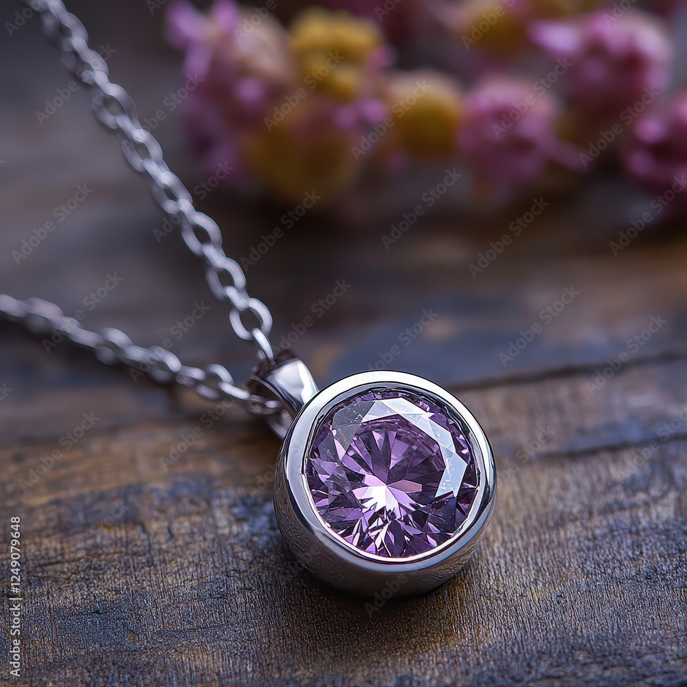 Elegant Pink Gemstone Pendant on Rustic Wooden Surface Elegant Pink Gemstone Pendant on Rustic Wooden Surface