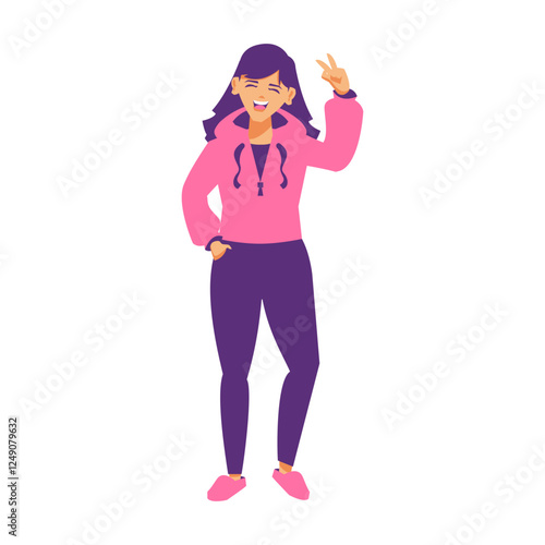 Cartoon woman in casual wear making peace sign with hand gesture.