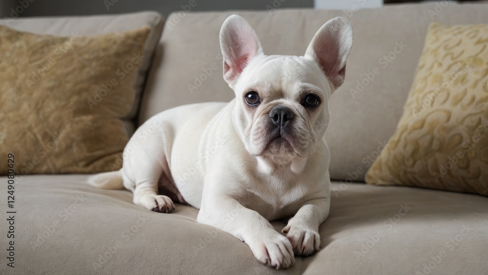 White french bulldog lying on sofa at home White french bulldog lying on sofa at home